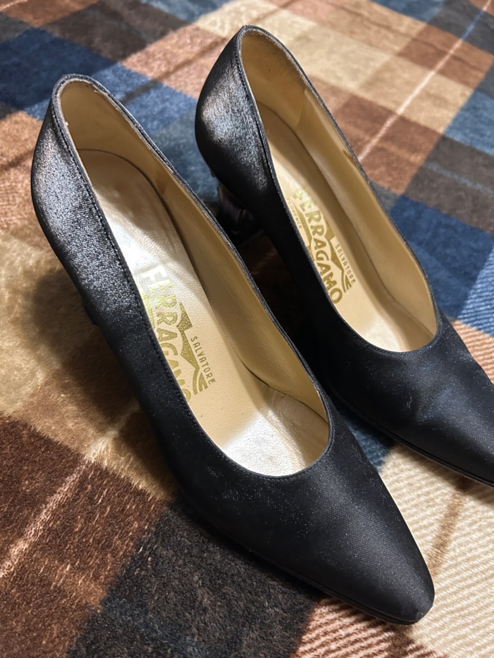 Salvatore Ferragamo Black Satin Pointed Pumps